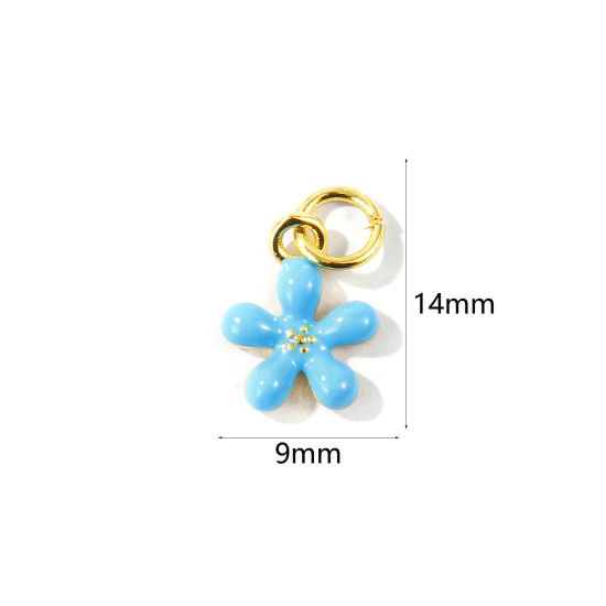 Picture of 2 PCs Eco-friendly Brass Charms Wholesale 18K Real Gold Plated Blue Enamel Flower Mini 14mm x 9mm