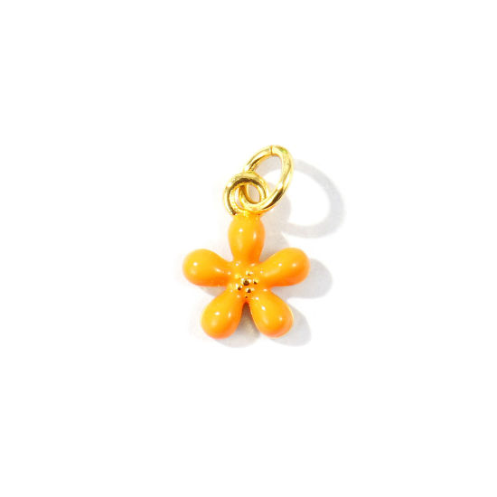 Picture of 2 PCs Eco-friendly Brass Charms Wholesale 18K Real Gold Plated Orange Enamel Flower Mini 14mm x 9mm