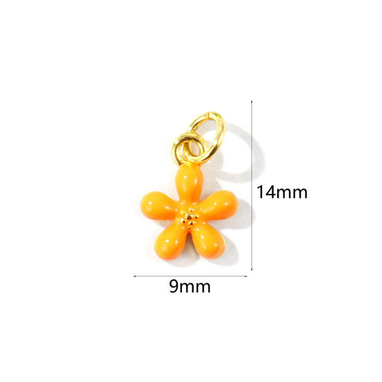 Picture of 2 PCs Eco-friendly Brass Charms Wholesale 18K Real Gold Plated Orange Enamel Flower Mini 14mm x 9mm