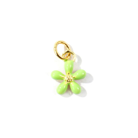 Picture of 2 PCs Eco-friendly Brass Charms Wholesale 18K Real Gold Plated Green Enamel Flower Mini 14mm x 9mm