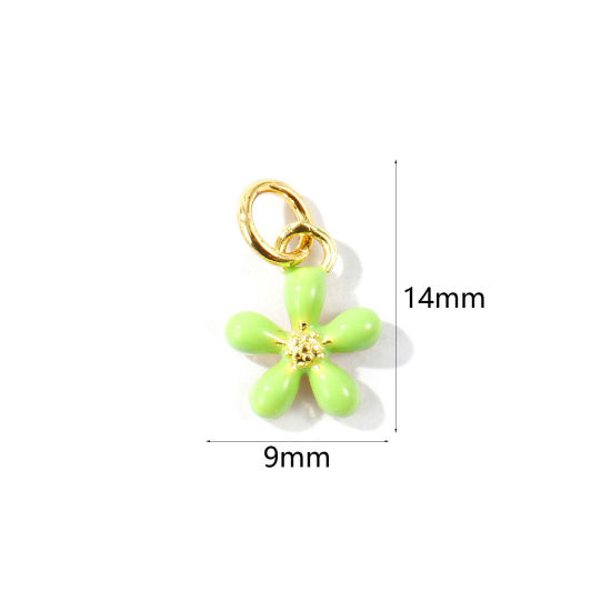 Picture of 2 PCs Eco-friendly Brass Charms Wholesale 18K Real Gold Plated Green Enamel Flower Mini 14mm x 9mm