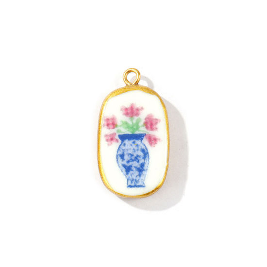 Picture of 2 PCs Eco-friendly PVD Waterproof Anti-Tarnish Hypoallergenic 304 Stainless Steel & Ceramic Pendants Wholesale 18K Real Gold Plated Multicolor Oval Flower Vase 3cm x 1.6cm