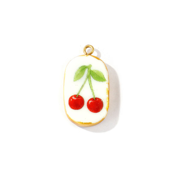 Picture of 2 PCs Eco-friendly PVD Waterproof Anti-Tarnish Hypoallergenic 304 Stainless Steel & Ceramic Pendants Wholesale 18K Real Gold Plated Red Oval Cherry Fruit 3cm x 1.6cm