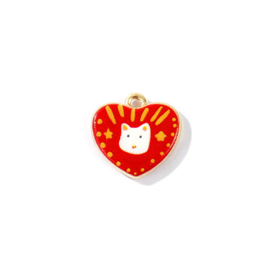 Image de 2 Pcs Breloques En Gros en Laiton Plaqué Or 18K Cœur Chats Imprimé 18mm x 17mm