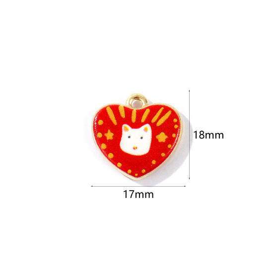 Image de 2 Pcs Breloques En Gros en Laiton Plaqué Or 18K Cœur Chats Imprimé 18mm x 17mm