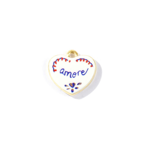 Image de 2 Pcs Breloques En Gros en Laiton Plaqué Or 18K Cœur Empreinte de Patte Message " Amore " Imprimé 18mm x 17mm