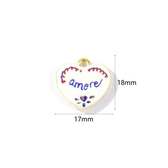 Image de 2 Pcs Breloques En Gros en Laiton Plaqué Or 18K Cœur Empreinte de Patte Message " Amore " Imprimé 18mm x 17mm