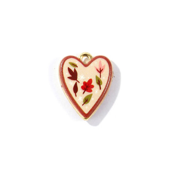 Image de 2 Pcs Breloques En Gros en Laiton Plaqué Or 18K Cœur Feuilles Imprimé 19mm x 15mm