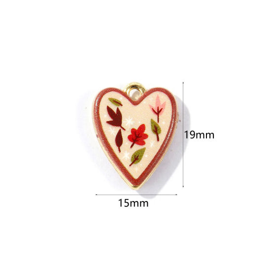 Image de 2 Pcs Breloques En Gros en Laiton Plaqué Or 18K Cœur Feuilles Imprimé 19mm x 15mm