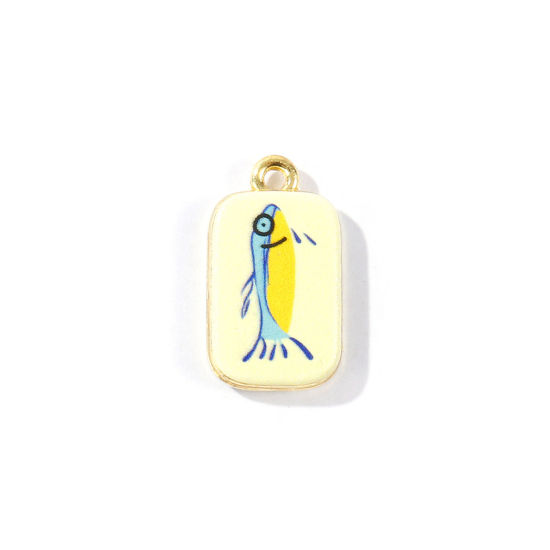 Image de 2 Pcs Breloques En Gros en Laiton Plaqué Or 18K Rectangle Poisson Imprimé 21.5mm x 12mm