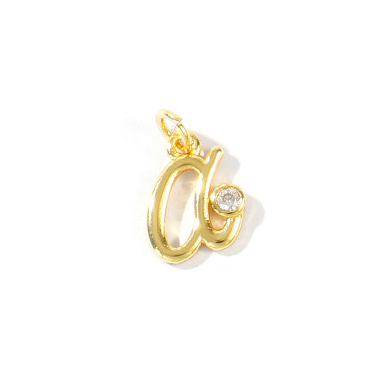 Image de 5 Pcs Breloques En Gros Respectueux de la Nature en Laiton Plaqué Or Véritable 18K Lettre Minuscule Message " a " à Zircone Cubique Clair 13mm x 8mm