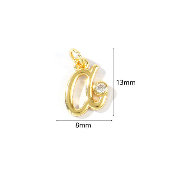 Image de 5 Pcs Breloques En Gros Respectueux de la Nature en Laiton Plaqué Or Véritable 18K Lettre Minuscule Message " a " à Zircone Cubique Clair 13mm x 8mm
