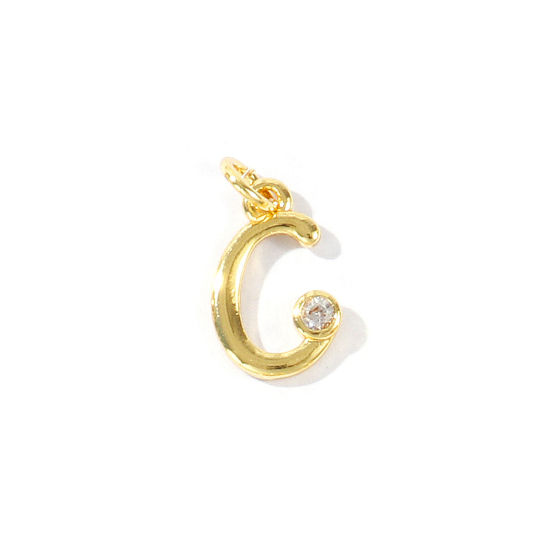 Image de 5 Pcs Breloques En Gros Respectueux de la Nature en Laiton Plaqué Or Véritable 18K Lettre Minuscule Message " c " à Zircone Cubique Clair 14mm x 7mm