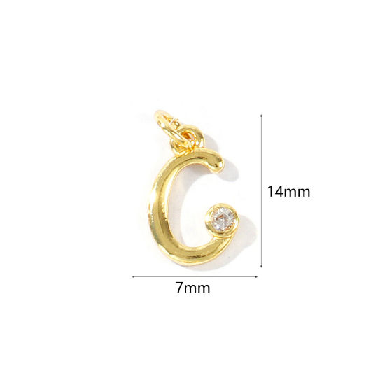 Image de 5 Pcs Breloques En Gros Respectueux de la Nature en Laiton Plaqué Or Véritable 18K Lettre Minuscule Message " c " à Zircone Cubique Clair 14mm x 7mm