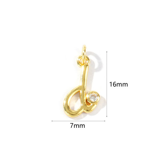 Image de 5 Pcs Breloques En Gros Respectueux de la Nature en Laiton Plaqué Or Véritable 18K Lettre Minuscule Message " d " à Zircone Cubique Clair 16mm x 7mm
