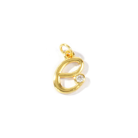 Image de 5 Pcs Breloques En Gros Respectueux de la Nature en Laiton Plaqué Or Véritable 18K Lettre Minuscule Message " e " à Zircone Cubique Clair 14mm x 8mm