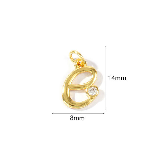 Image de 5 Pcs Breloques En Gros Respectueux de la Nature en Laiton Plaqué Or Véritable 18K Lettre Minuscule Message " e " à Zircone Cubique Clair 14mm x 8mm