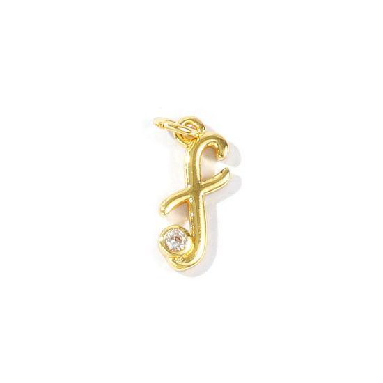 Image de 5 Pcs Breloques En Gros Respectueux de la Nature en Laiton Plaqué Or Véritable 18K Lettre Minuscule Message " f " à Zircone Cubique Clair 16mm x 6mm