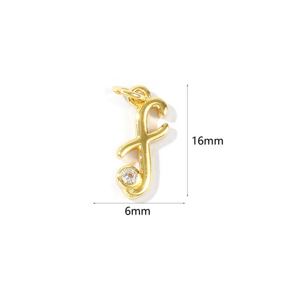 Image de 5 Pcs Breloques En Gros Respectueux de la Nature en Laiton Plaqué Or Véritable 18K Lettre Minuscule Message " f " à Zircone Cubique Clair 16mm x 6mm