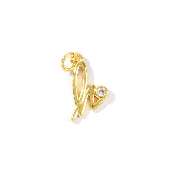 Image de 5 Pcs Breloques En Gros Respectueux de la Nature en Laiton Plaqué Or Véritable 18K Lettre Minuscule Message " h " à Zircone Cubique Clair 16mm x 8mm