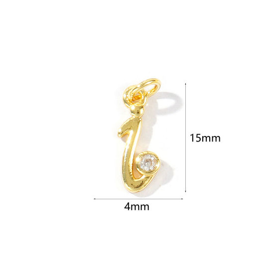 Image de 5 Pcs Breloques En Gros Respectueux de la Nature en Laiton Plaqué Or Véritable 18K Lettre Minuscule Message " i " à Zircone Cubique Clair 15mm x 4mm