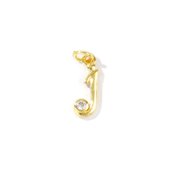 Image de 5 Pcs Breloques En Gros Respectueux de la Nature en Laiton Plaqué Or Véritable 18K Lettre Minuscule Message " j " à Zircone Cubique Clair 15mm x 4mm