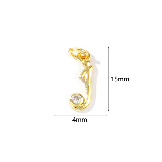 Image de 5 Pcs Breloques En Gros Respectueux de la Nature en Laiton Plaqué Or Véritable 18K Lettre Minuscule Message " j " à Zircone Cubique Clair 15mm x 4mm