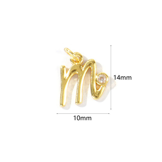 Image de 5 Pcs Breloques En Gros Respectueux de la Nature en Laiton Plaqué Or Véritable 18K Lettre Minuscule Message " m " à Zircone Cubique Clair 14mm x 10mm