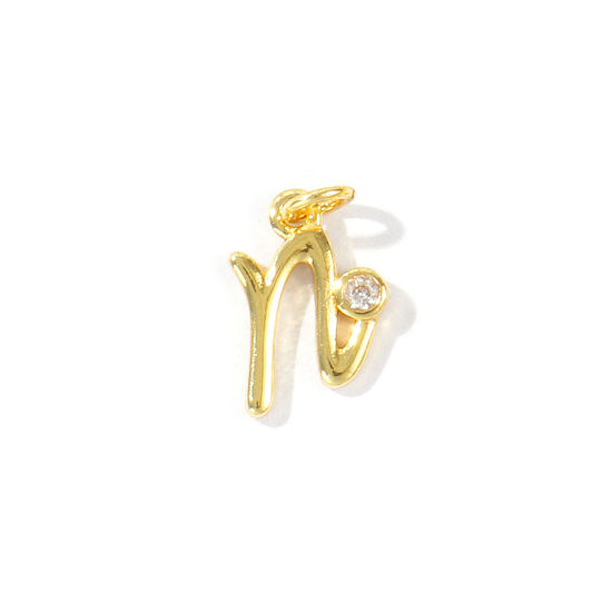 Image de 5 Pcs Breloques En Gros Respectueux de la Nature en Laiton Plaqué Or Véritable 18K Lettre Minuscule Message " n " à Zircone Cubique Clair 14mm x 8mm