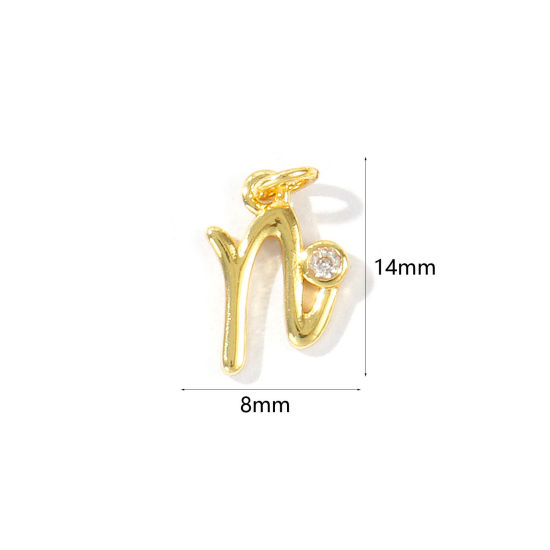 Image de 5 Pcs Breloques En Gros Respectueux de la Nature en Laiton Plaqué Or Véritable 18K Lettre Minuscule Message " n " à Zircone Cubique Clair 14mm x 8mm
