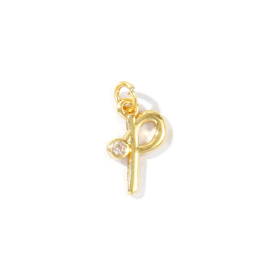 Image de 5 Pcs Breloques En Gros Respectueux de la Nature en Laiton Plaqué Or Véritable 18K Lettre Minuscule Message " p " à Zircone Cubique Clair 15mm x 8mm