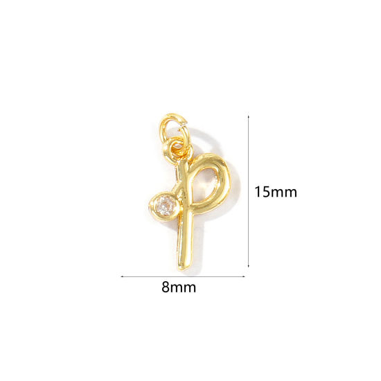 Image de 5 Pcs Breloques En Gros Respectueux de la Nature en Laiton Plaqué Or Véritable 18K Lettre Minuscule Message " p " à Zircone Cubique Clair 15mm x 8mm