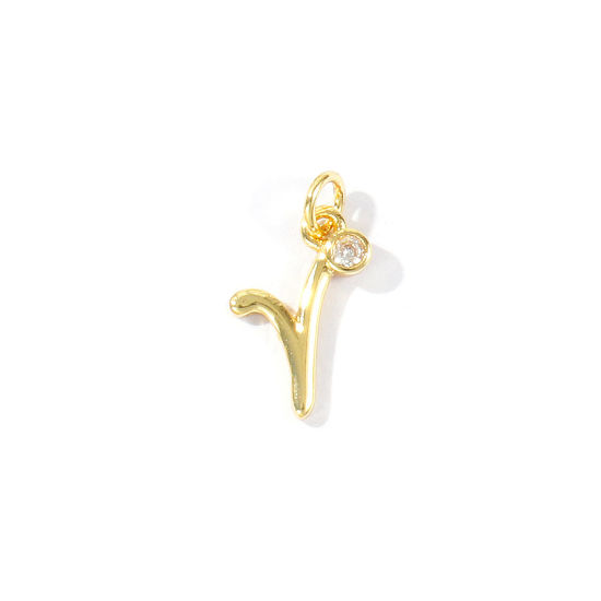 Image de 5 Pcs Breloques En Gros Respectueux de la Nature en Laiton Plaqué Or Véritable 18K Lettre Minuscule Message " r " à Zircone Cubique Clair 15mm x 8mm