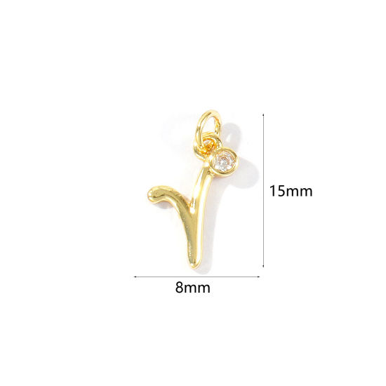 Image de 5 Pcs Breloques En Gros Respectueux de la Nature en Laiton Plaqué Or Véritable 18K Lettre Minuscule Message " r " à Zircone Cubique Clair 15mm x 8mm