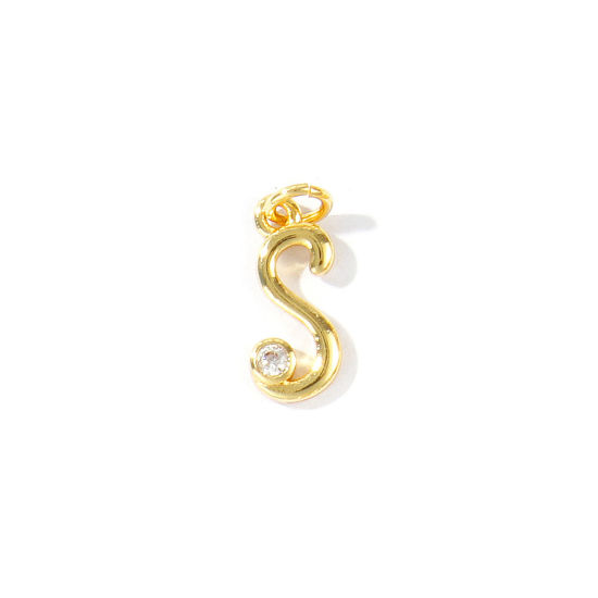 Image de 5 Pcs Breloques En Gros Respectueux de la Nature en Laiton Plaqué Or Véritable 18K Lettre Minuscule Message " s " à Zircone Cubique Clair 15mm x 5mm