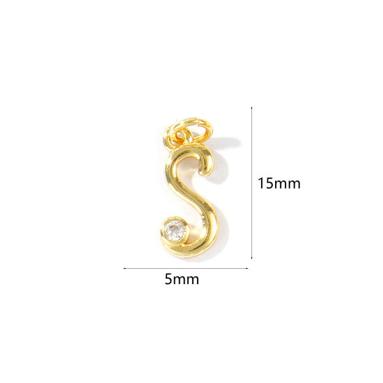 Image de 5 Pcs Breloques En Gros Respectueux de la Nature en Laiton Plaqué Or Véritable 18K Lettre Minuscule Message " s " à Zircone Cubique Clair 15mm x 5mm