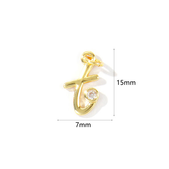 Image de 5 Pcs Breloques En Gros Respectueux de la Nature en Laiton Plaqué Or Véritable 18K Lettre Minuscule Message " t " à Zircone Cubique Clair 15mm x 7mm