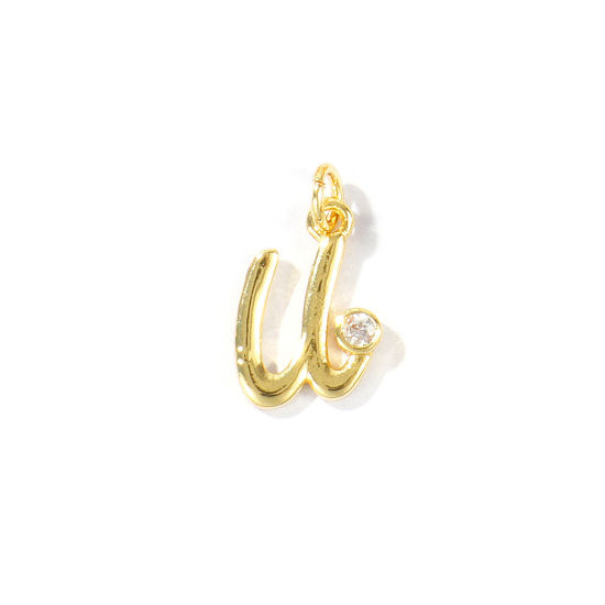 Image de 5 Pcs Breloques En Gros Respectueux de la Nature en Laiton Plaqué Or Véritable 18K Lettre Minuscule Message " u " à Zircone Cubique Clair 16mm x 8.5mm