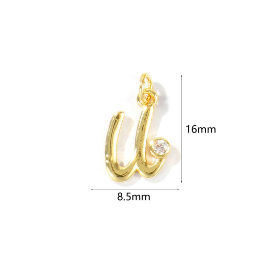 Image de 5 Pcs Breloques En Gros Respectueux de la Nature en Laiton Plaqué Or Véritable 18K Lettre Minuscule Message " u " à Zircone Cubique Clair 16mm x 8.5mm