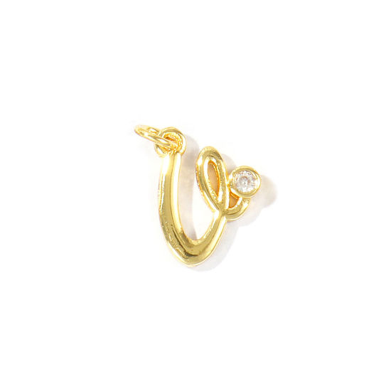 Image de 5 Pcs Breloques En Gros Respectueux de la Nature en Laiton Plaqué Or Véritable 18K Lettre Minuscule Message " v " à Zircone Cubique Clair 15mm x 9mm