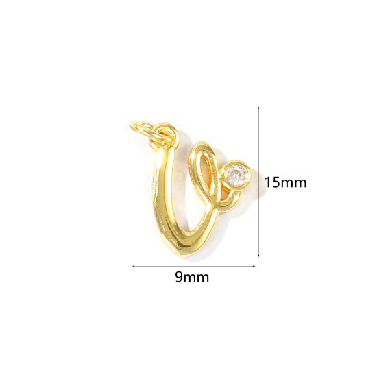 Image de 5 Pcs Breloques En Gros Respectueux de la Nature en Laiton Plaqué Or Véritable 18K Lettre Minuscule Message " v " à Zircone Cubique Clair 15mm x 9mm