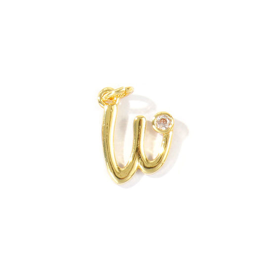 Image de 5 Pcs Breloques En Gros Respectueux de la Nature en Laiton Plaqué Or Véritable 18K Lettre Minuscule Message " w " à Zircone Cubique Clair 15mm x 10mm