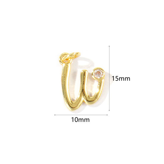 Image de 5 Pcs Breloques En Gros Respectueux de la Nature en Laiton Plaqué Or Véritable 18K Lettre Minuscule Message " w " à Zircone Cubique Clair 15mm x 10mm