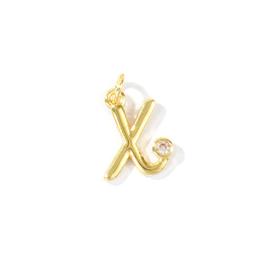 Image de 5 Pcs Breloques En Gros Respectueux de la Nature en Laiton Plaqué Or Véritable 18K Lettre Minuscule Message " x " à Zircone Cubique Clair 14mm x 9mm