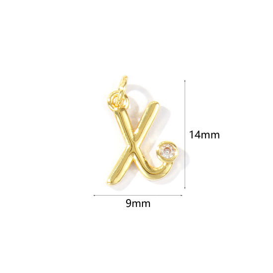 Image de 5 Pcs Breloques En Gros Respectueux de la Nature en Laiton Plaqué Or Véritable 18K Lettre Minuscule Message " x " à Zircone Cubique Clair 14mm x 9mm