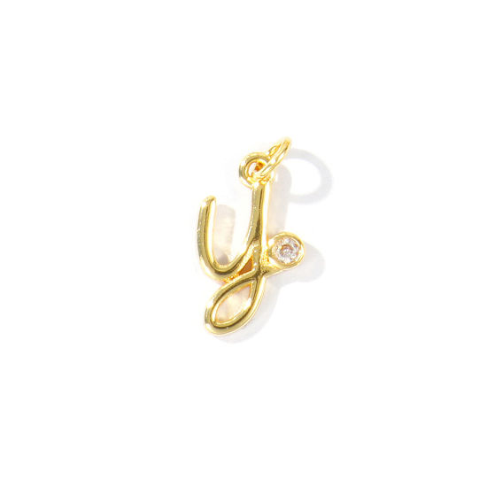 Image de 5 Pcs Breloques En Gros Respectueux de la Nature en Laiton Plaqué Or Véritable 18K Lettre Minuscule Message " y " à Zircone Cubique Clair 16mm x 8mm
