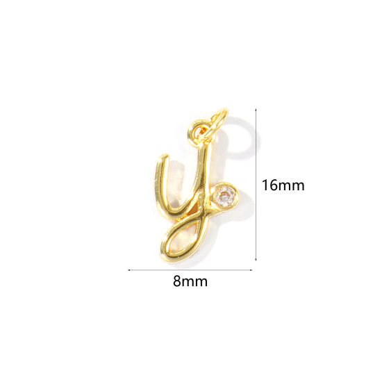 Image de 5 Pcs Breloques En Gros Respectueux de la Nature en Laiton Plaqué Or Véritable 18K Lettre Minuscule Message " y " à Zircone Cubique Clair 16mm x 8mm