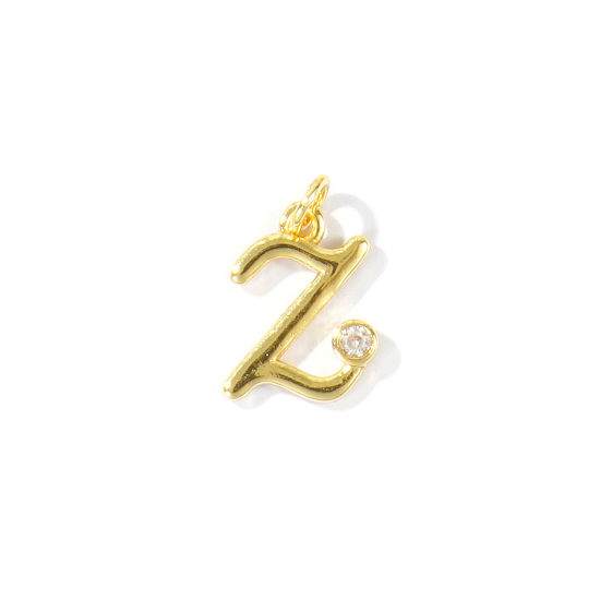Image de 5 Pcs Breloques En Gros Respectueux de la Nature en Laiton Plaqué Or Véritable 18K Lettre Minuscule Message " z " à Zircone Cubique Clair 14mm x 9mm