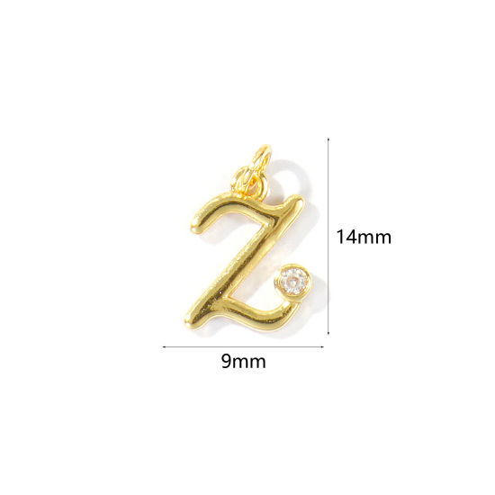 Image de 5 Pcs Breloques En Gros Respectueux de la Nature en Laiton Plaqué Or Véritable 18K Lettre Minuscule Message " z " à Zircone Cubique Clair 14mm x 9mm