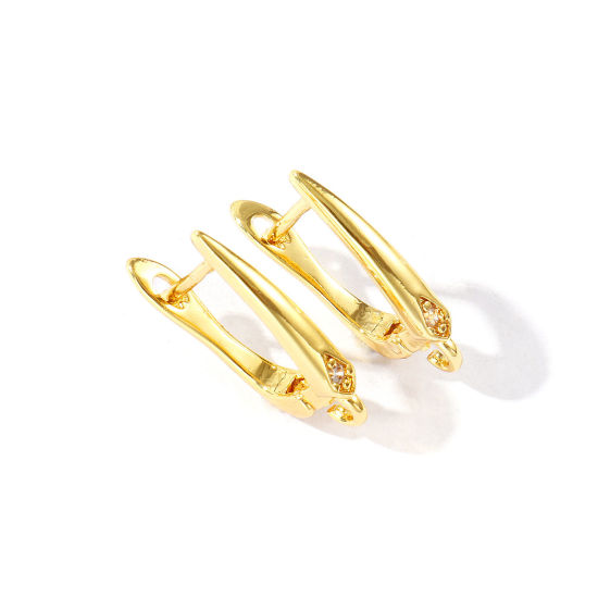 Picture of 1 Pair Brass Hoop Earrings For DIY Jewelry Making Accessories Wholesale 18K Gold Plated U Shaped Clear Cubic Zirconia With Open Loop 18mm x 12mm, Post/ Wire Size: 0.9mm(19 gauge)